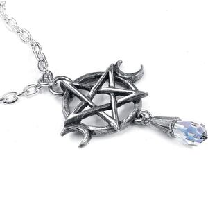 Alchemy Gothic Goddess Pendant – Triple Moon Pentagram Crystal Pewter Necklace